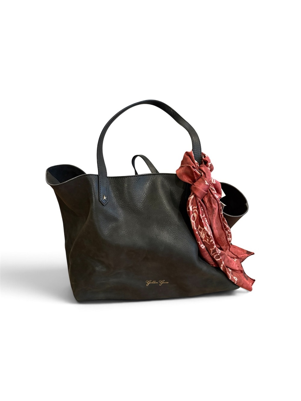 Golden Goose Black Leather Tote with Red Scarf Accent